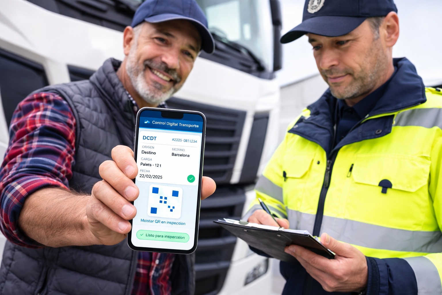 Conductor mostrando el documento digital DCDT en smartphone durante una inspección en carretera. Inspector tomando notas. Camión de carga al fondo.